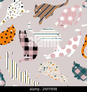 Vector Cat Silhouette with Multi Patterns for Fabric Print, Packaging and Wrapping Paper. Stock Vector