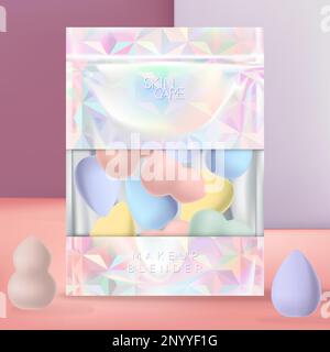 Vector Makeup Blender or Sponge with Holographic or Iridescent Zip Lock Bag Packaging. Geometic Pattern Print. Stock Vector