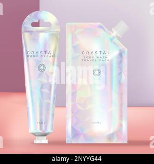Vector Holographic Pouch, Sachet or packet Shower Wash and Hand Cream Tube with Hanger Packaging, Crystal Theme Stock Vector