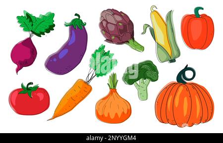 Vector vegetables icons set in cartoon style. Collection farm product for restaurant menu, market label. Vector illustration Stock Vector