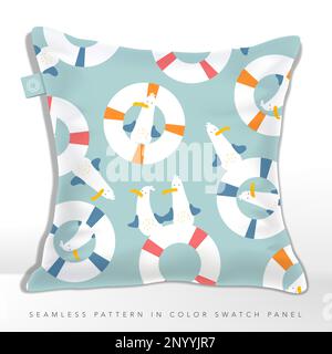 Vector Seamless Cute Seagull and Buoy Cartoon Pattern in Pastel Colors. Stock Vector