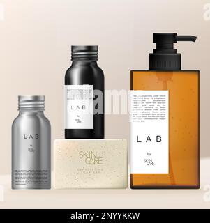 Vector Men Beauty or Health Care Packaging Set with Pump Bottle, Tin Bottle and Body Scrub Soap. Stock Vector
