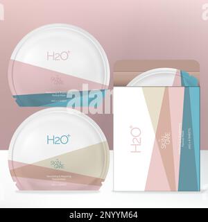 Vector Round Shaped Facial Mask Foil Bag Packet with Minimalist Patel Geometric Print Pattern and Box Packaging. Stock Vector