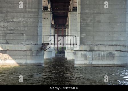 old kaydat bridge across the Dnieper River in the city Stock Photo