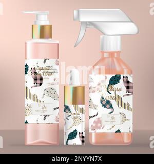 Vector Skincare or Beauty Packaging Set with Body Wash Pump Bottle, Serum Droplet and Aroma Spray Bottle. Cat Pattern Print Packaging. Stock Vector