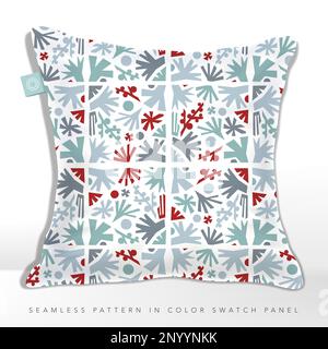 Vector Festive Abstract Woods, Leaves, Berries and Trees Seamless Pattern in Blue, Gray and Red. Stock Vector