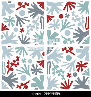 Vector Festive Abstract Woods, Leaves, Berries and Trees Seamless Pattern in Blue, Gray and Red. Stock Vector