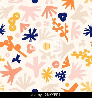 Vector Pastel Pink, Beige, Blue and Orange Botanic Abstract Blossoms and Garden Elements Seamless Pattern. Stock Vector