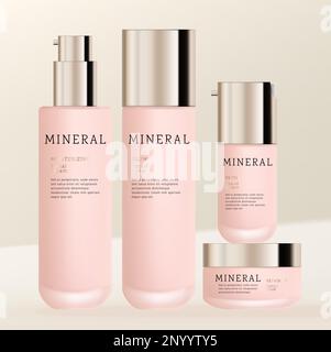 Vector Frosted Glass Cosmetic or Skincare Packaging Bundle with Pump Bottle, Screw Cap Bottle, Jar and Serum Pump Bottle. Pink and Gold. Stock Vector