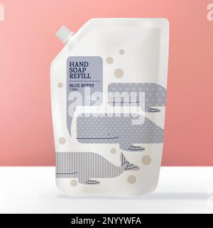 Vector Hand Soap, Sanitizer or Washing Detergent Refill Packet or Bag. Cartoon Whale Kids Pattern Theme. Stock Vector