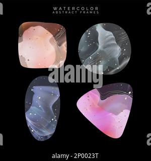Vector Watercolor Abstract, Gemstone, Galaxy or Marble Background, Graphic Element or Frame Drawing with Gold Foil Effect in Square, Triangle, Circle Stock Vector