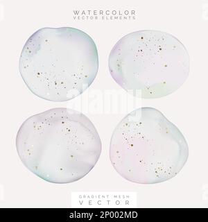 Gradient Mesh Vector Watercolor Minimal Abstract Drawing or Drop with Gold Foil Effect. Pastel Purple, Blue and Beige Colors. Stock Vector