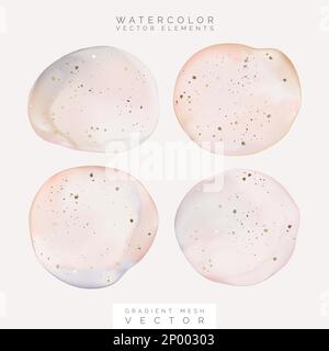 Gradient Mesh Vector Watercolor Minimal Abstract Drawing or Drop with Gold Foil Effect. Pastel Purple, Pink and Beige Colors. Stock Vector