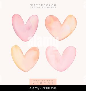 Vector Gradient Mesh Watercolor Drawing Heart Shape Graphic Element in Pastel Pink and Yellow. Stock Vector