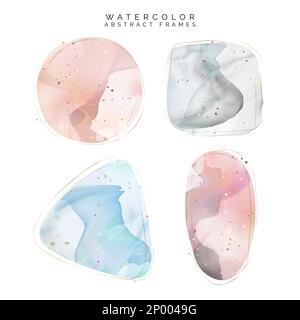 Vector Watercolor Abstract Background, Graphic Element or Frame Drawing with Gold Foil Effect in Square, Triangle, Circle and Oval Shape. Pink, Gray a Stock Vector