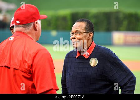 ANAHEIM, CA - APRIL 25: Hall of Fame Rod Carew stands with his wife Rhonda  Carew, and the Dr. Ralf Reuland, the father of the man whose heart Carew  received in a