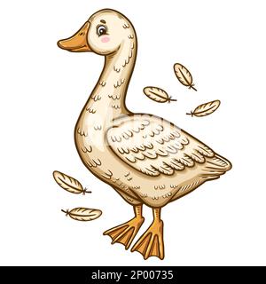 Cute goose, duck farm water bird, gosling poultry, flying feather quills icon. Duckling cartoon character. Swan chick waterfowl domestic animal vector Stock Vector