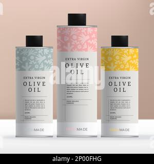 Vector Round Tin Box or Bottle Packaging for Olive Oil Products with Minimal Floral Pattern. Stock Vector