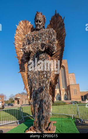 2 March 2023. The Knife Angel sculpture by artist Alfie Bradley is on display in front of Guildford Cathedral, Surrey, England, UK, for the month. It is known as the national monument against violence and aggression. The sculpture was made from thousands of blunted knives handed in during a knife amnesty throughout the country in agreement with the 43 police constabularies. It was the idea of Clive Knowles, chairman of the British Ironwork Centre in Shropshire.