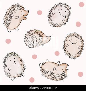 Vector Hand Drawn Watercolor Hedgehog Line Drawing Seamless Pattern in Pink Background. Stock Vector