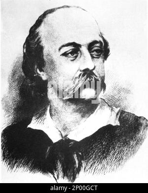 The french writer GUSTAVE FLAUBERT ( 1821 - 1880 ) , author of roman MADAME BOVARY ( 1857 ) - SCRITTORE - letterato - LETTERATURA - LITERATURE - ritratto - ROMANTICISMO - ritratto - collar - colletto - letterato - ritratto - incisione - baffi - moustache - stempiatura - uomo stempiato - timmed at temple  ----  Archivio GBB Stock Photo