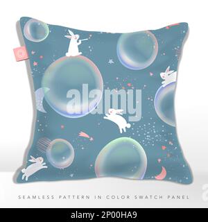 Vector Pastel Colors Bubbles and Rabbits in Outer Space Dream Seamless Pattern for Kid and Baby Fabric or Wrapping Paper Printing. Stock Vector