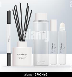 Vector Clear Glass or Plastic Tall Screw Cap Bottle, Opaque White Diffuser, Roll-on Fragrance Bottle and Charcoal Reed Aromatic Home Diffuser Set. Stock Vector