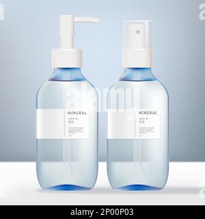 Vector Alcohol, Hair Shimmer, Fragrance, Antibacterial, Aroma Water Spray or Pump Bottle and Hand Cream Packaging. Transparent Light Blue and White Stock Vector