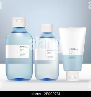 Vector Alcohol, Hair Shimmer, Fragrance, Antibacterial, Aroma Water Spray or Pump Bottle and Hand Cream Packaging. Transparent Light Blue and White Stock Vector