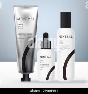 Vector Health and Body Set with Black and White Round Plastic Bottle, Shampoo or Face Mask Packet, Jar, Droplet Bottle and Metallic Silver Aluminum Ha Stock Vector