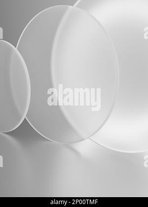 3D Rendering Soft Light and Semi Transparent Circle Plates Overlapping Product Display Background for Skincare or Healthcare Products. Simple Matte Wh Stock Photo