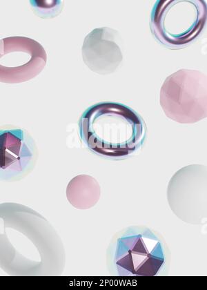 3D Rendering Art, Minimal Geometric Shapes Background with Pastel Holographic, Matte and Pastel Pink Colors. Stock Photo