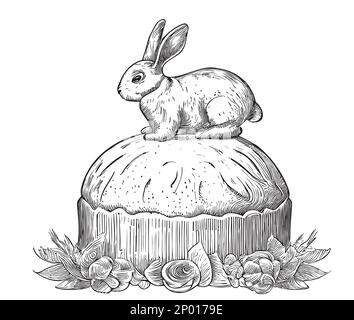 Rabbit on the Easter cake sketch drawn with a hand in Dudl style vector illustration of Easter Stock Vector