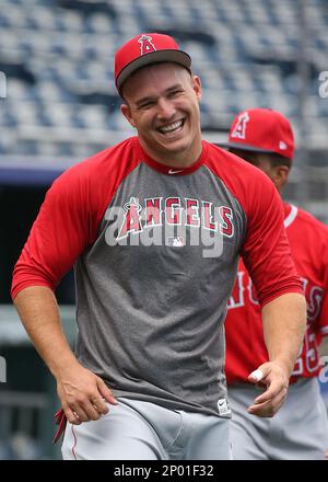 May 17, 2019: Los Angeles Angels center fielder Mike Trout (27) walks in  the outfield during pregame before the game between the Kansas City Royals  and the Los Angeles Angels of Anaheim