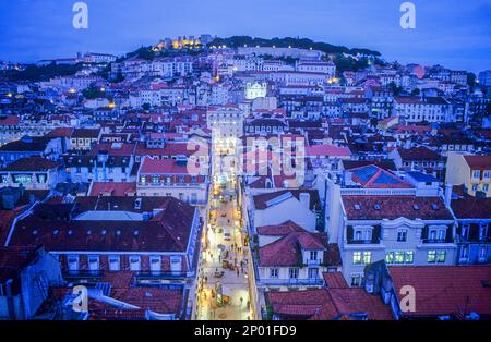 View from Elevador de Santa Justa, View over baixa district with sao jorge castle in background.Lisbon. Portugal. Stock Photo