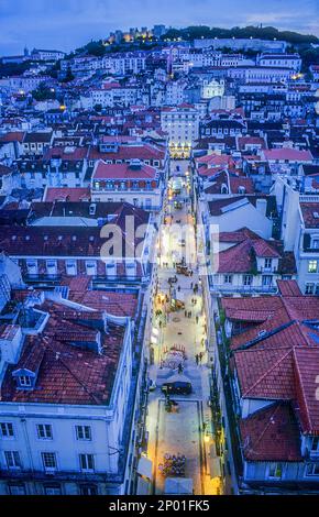 View from Elevador de Santa Justa, View over baixa district with sao jorge castle in background.Lisbon. Portugal. Stock Photo