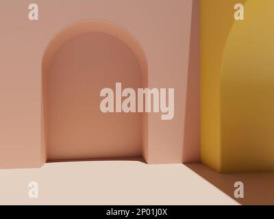 3D Rendering Pastel Pink and Yellow Minimal Geometric or Abstract with Arch Door Product Display Background for Beauty or Fashionable Products. Stock Photo
