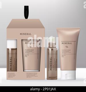 Vector Beauty or Skincare Hand Cream and Roll on Fragrance Oil in Gift Set Packaging Box with White Caps. Stock Vector