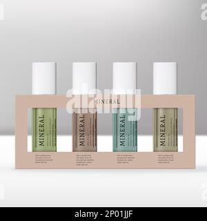 Vector Beauty or Skincare Roll On Fragrance Oil or Bathing Oil Bottle in Gift Packaging Box with White Caps. Stock Vector