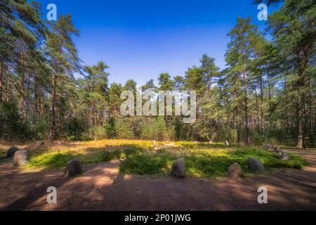 Large Stone Circles at Odry in Tuchola Forest, an ancient burial and worship place. UNESCO Archaeological and Natural Reserve, Pomerania, Poland Stock Photo