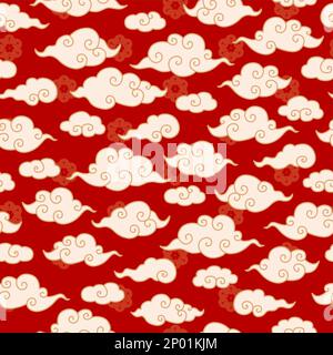 Vector Chinese, Korean or Japanese Traditional Line Drawing Cloud Seamless Pattern. Stock Vector