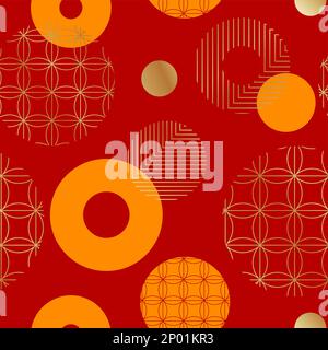 Vector Chinese or Japanese Circle, Geometric Line Drawing and Floral Seamless Pattern for Wrapping Paper or Fabric Print. Stock Vector