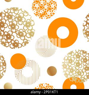 Vector Chinese or Japanese Circle, Geometric Line Drawing and Floral Seamless Pattern for Wrapping Paper or Fabric Print. Stock Vector