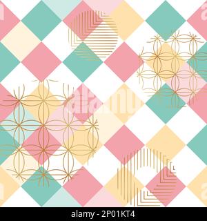 Vector Japanese Style Multi Pastel Colors Floral and Checker Seamless Pattern. Stock Vector