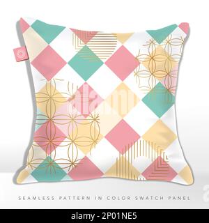 Vector Japanese Style Multi Pastel Colors Floral and Checker Seamless Pattern. Stock Vector