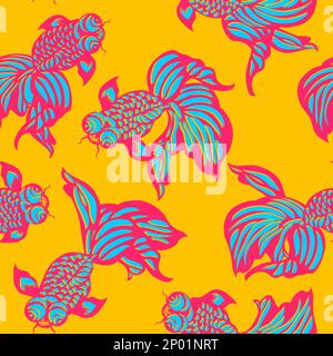 Vector Modern Chinese Traditional Paper Cutting Seamless Pattern. Goldfish in Lotus Pond. Stock Vector