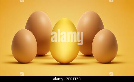 A golden egg stands out among other eggs. On Yellow background Stock Photo