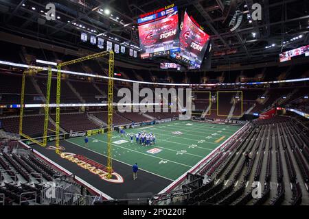 CLEVELAND, OH - APRIL 08: Tampa Bay Storm QB Randy Hippeard (12) scrambles  during the third quarter of the Arena League Football game between the Tampa  Bay Storm and Cleveland Gladiators on