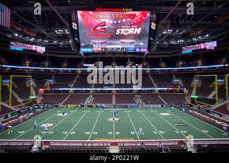 CLEVELAND, OH - APRIL 08: Tampa Bay Storm QB Randy Hippeard (12) scrambles  during the third quarter of the Arena League Football game between the Tampa  Bay Storm and Cleveland Gladiators on