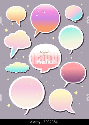 Vector Feminine Gradient, Iridescent or Pastel Colors Comic Speech Bubble Graphic Element Set for Poster, Book Cover or Social Media Advertisement Bac Stock Vector